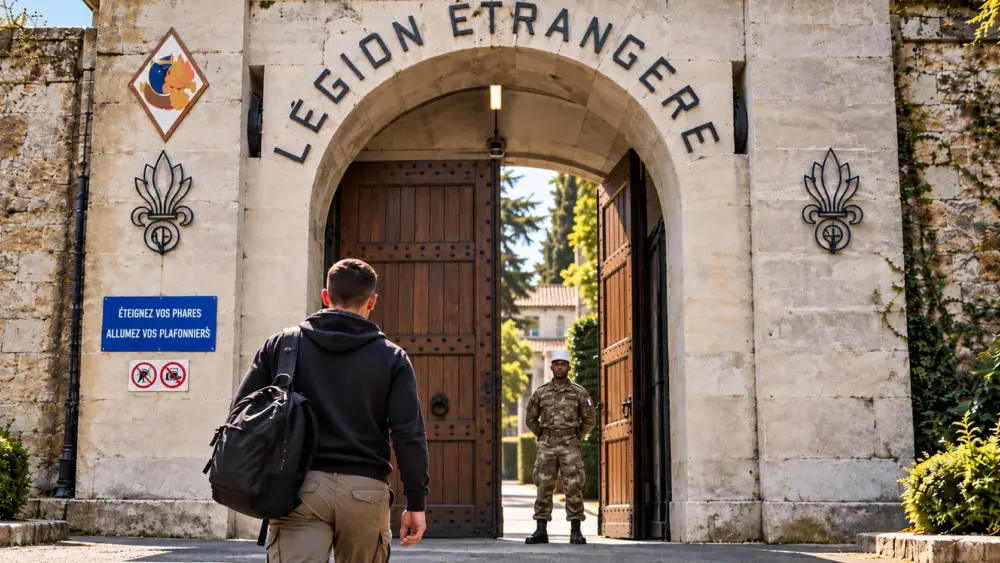 AI illustration of a candidate approaching the partially open Fort de Nogent recruitment gate, with a legionnaire in uniform